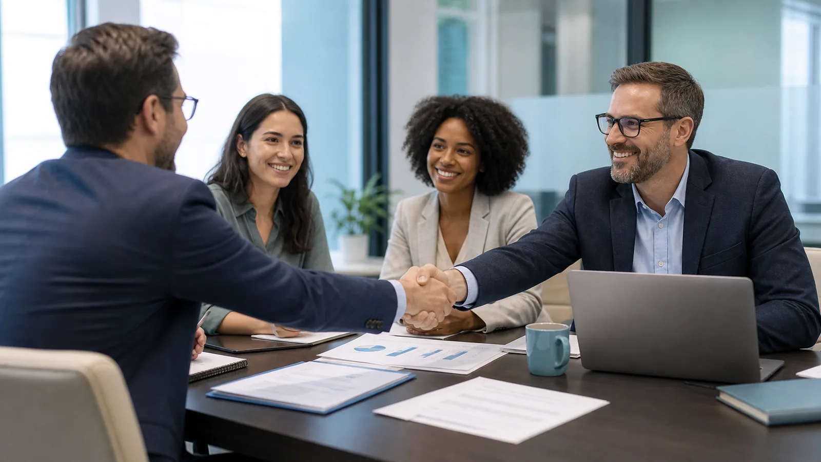 Two professional teams collaborating across a table in a bright office