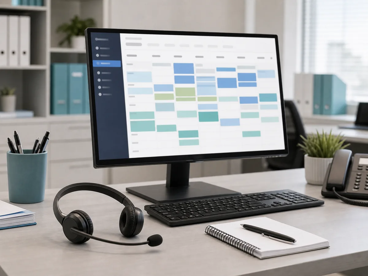 Clean support workstation with a headset and scheduling software for clinic back-office staffing