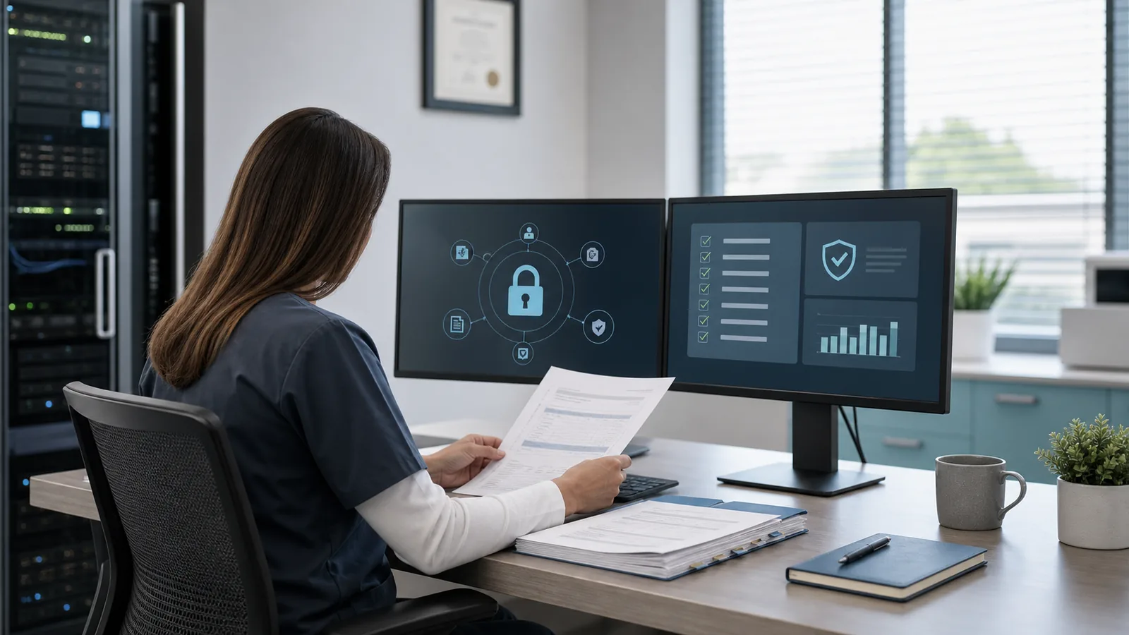 A clinician reviewing compliance and access controls at a secure workstation