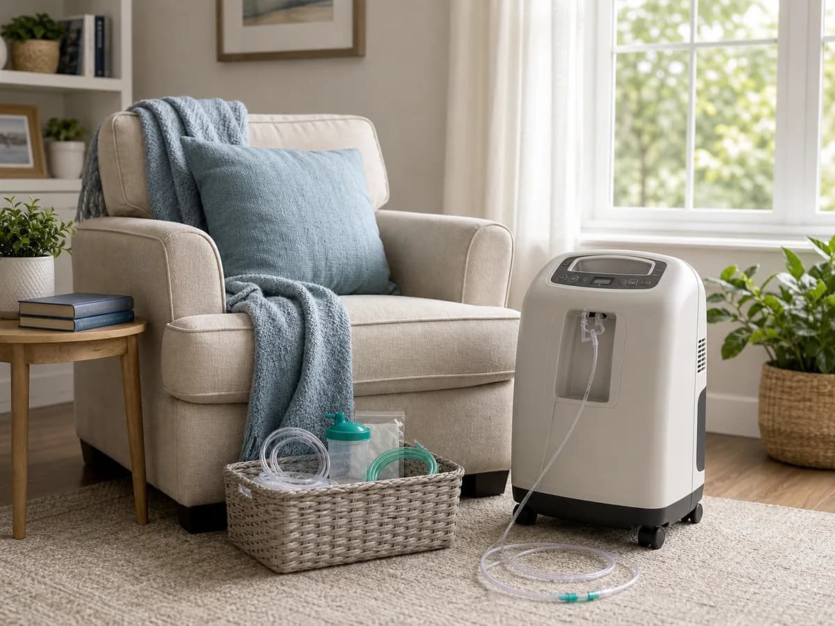Home oxygen concentrator and medical supplies arranged beside an armchair in a bright home