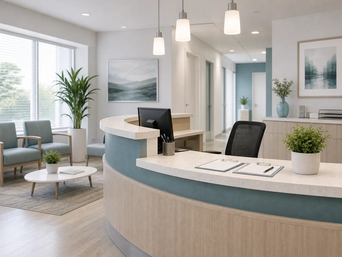 Modern medical clinic reception desk with soft teal accents